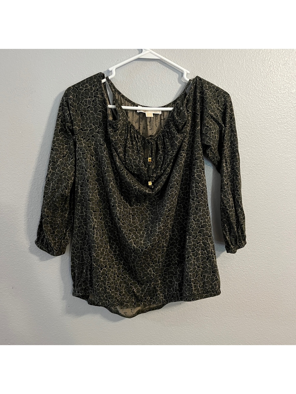MICHAEL Michael Kors Blouse Womens L Black Gold Print Draped 3/4 Sleeve